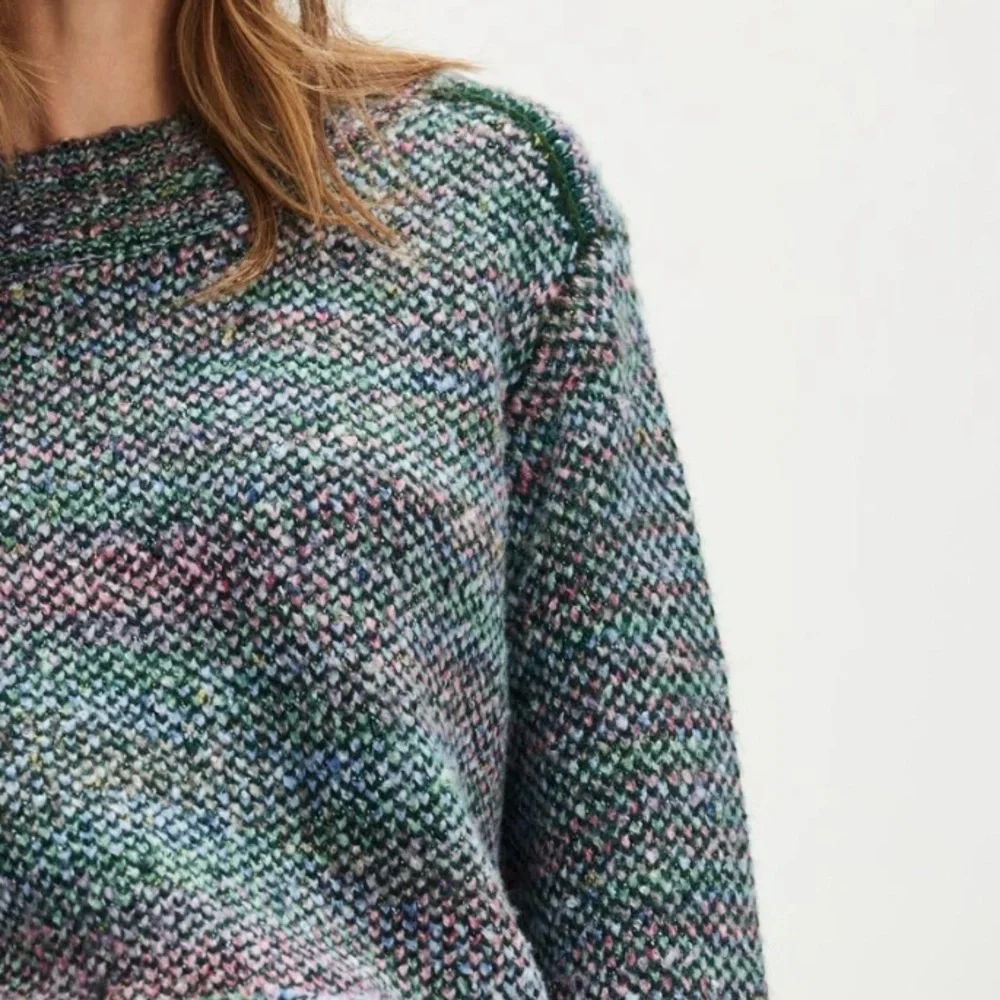 Free People Cotton Candy Pullover Blue Green Crew Neck Sweater Relaxed Fit Large - Picture 5 of 5